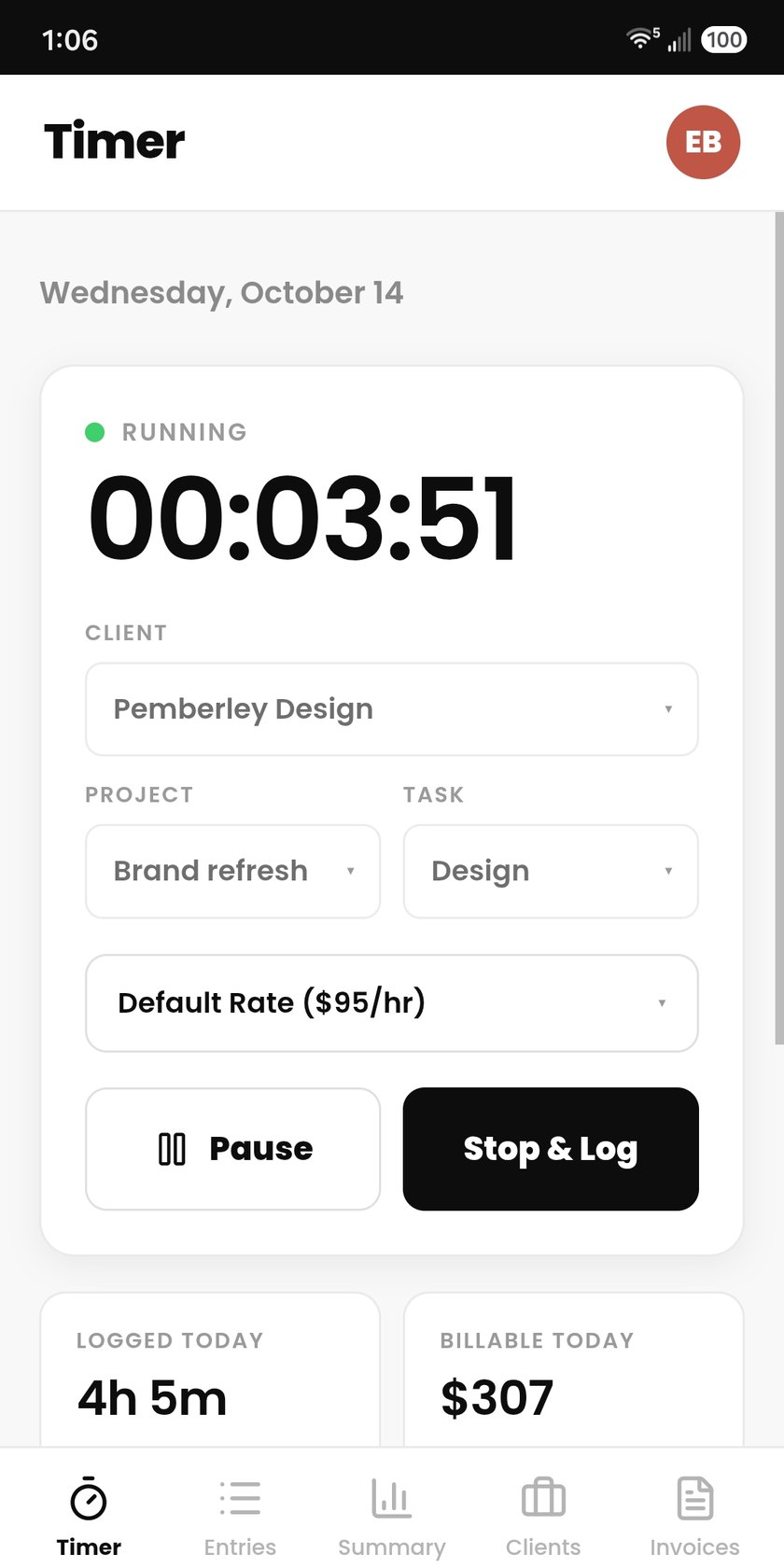 The Cruxy timer: pick a client, project and task and start tracking