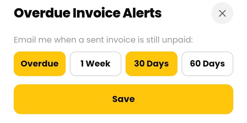 The Overdue Invoice Alerts settings: choose Overdue, 1 Week, 30 Days or 60 Days