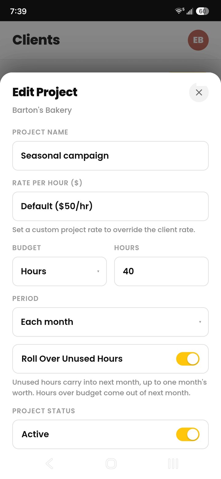A project budget in hours, repeating each month, with rollover of unused hours