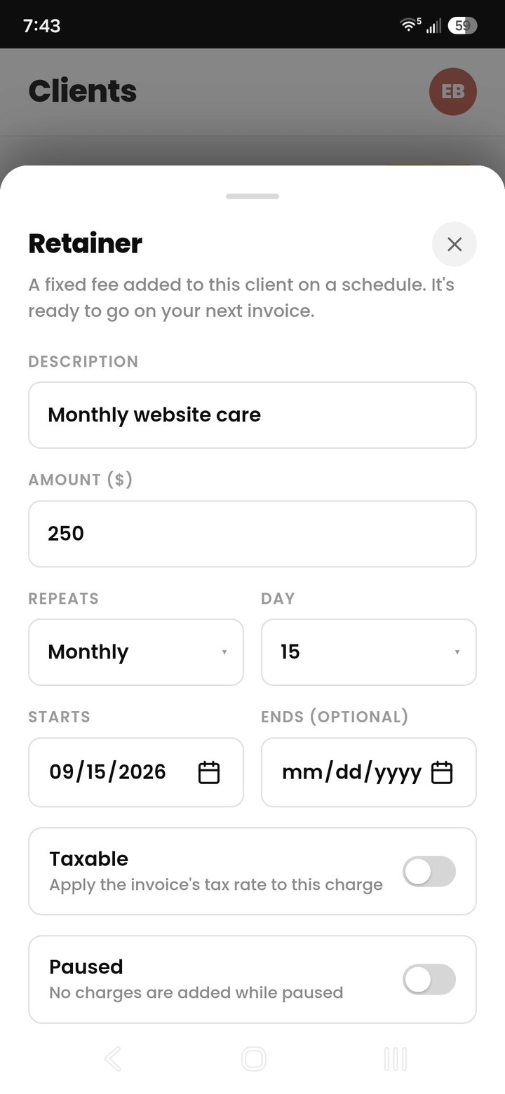 A monthly retainer for a client: description, amount, schedule, and a pause switch