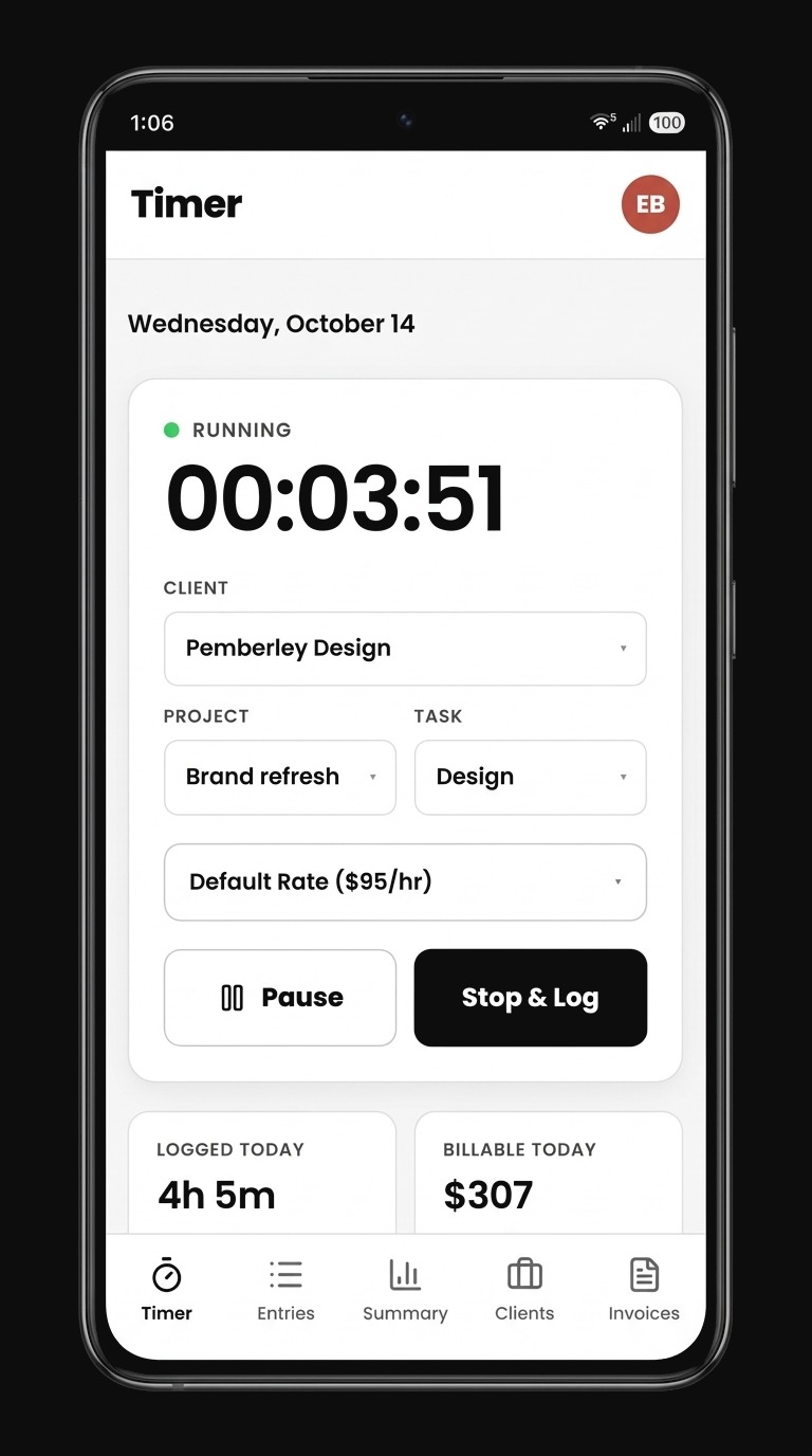 The Cruxy timer screen on a phone, running a timer for a client, project and task