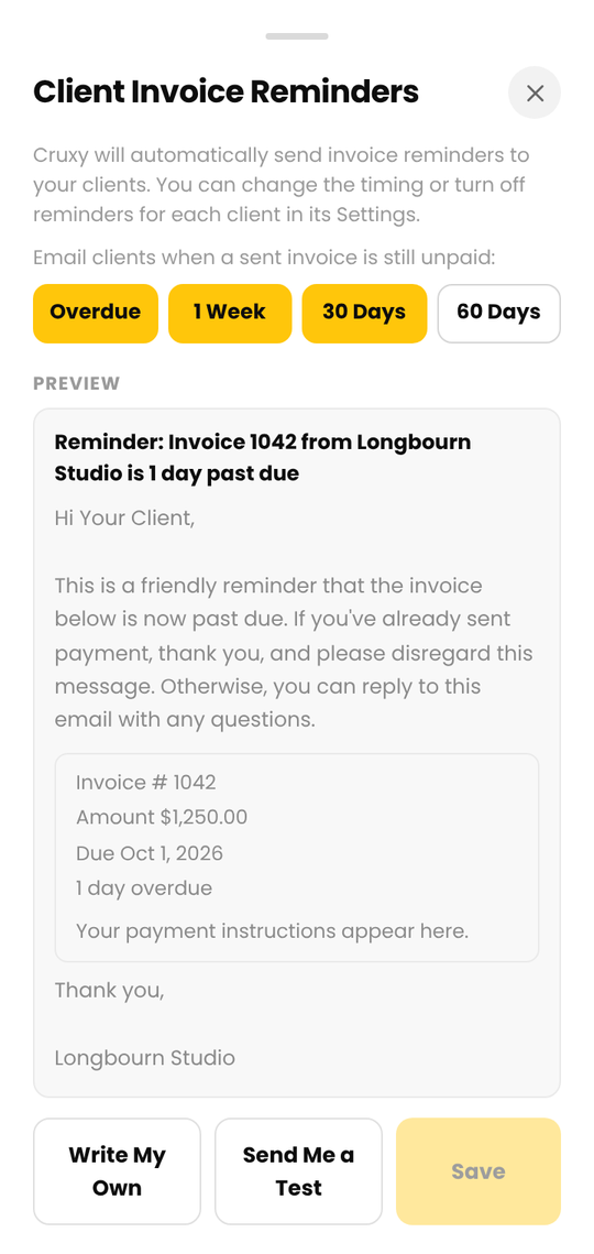 The Client Invoice Reminders sheet with a preview