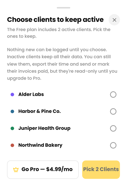 The Choose clients to keep active sheet