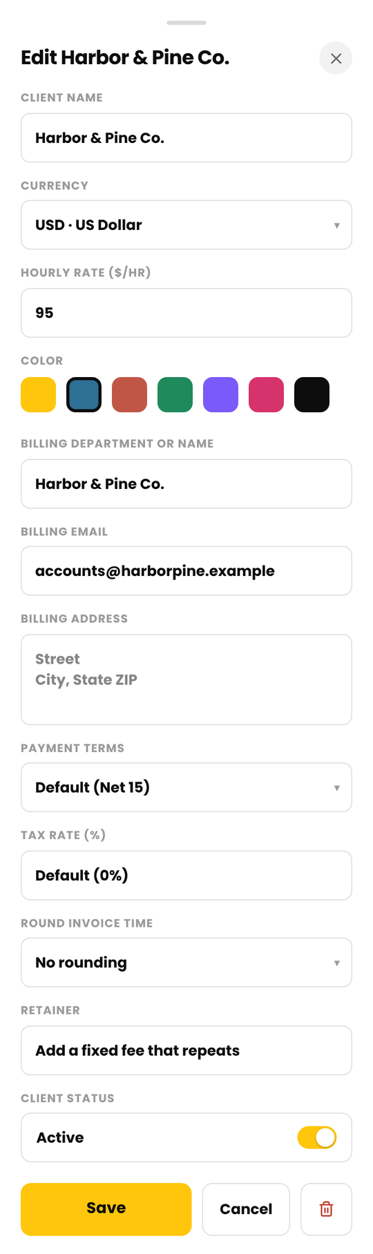 A client's details with the Client Status switch