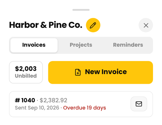 A client's Invoices tab