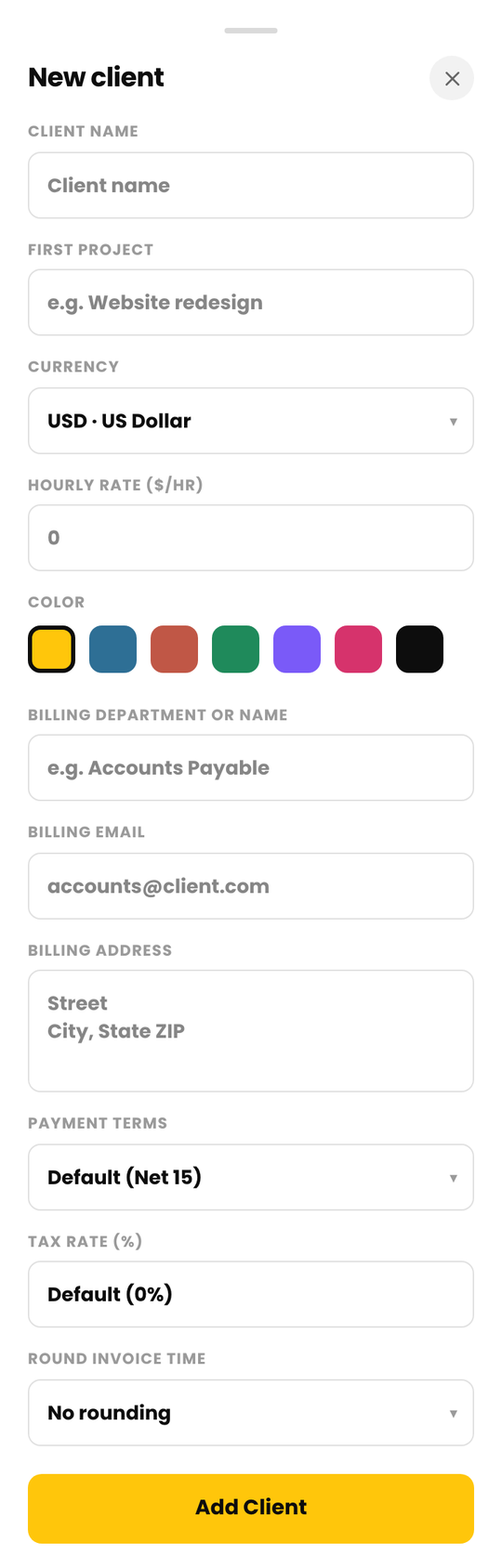 The New client form in Cruxy