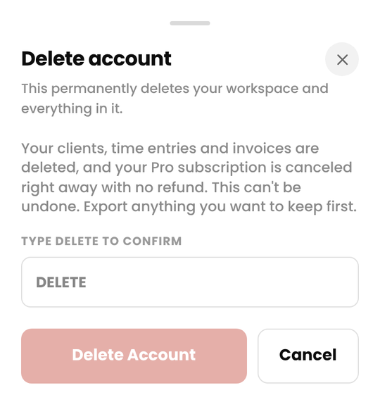 The Delete account sheet