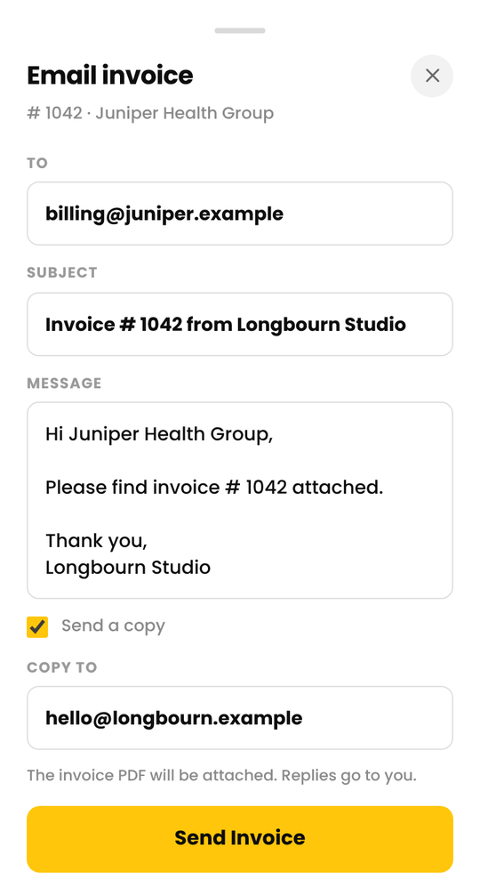 The Email invoice sheet in Cruxy
