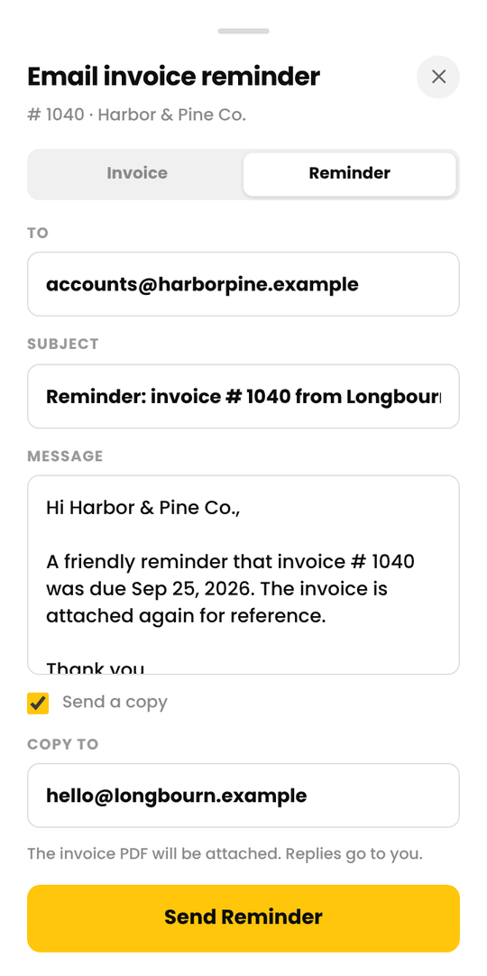 The reminder message in the Email invoice reminder sheet