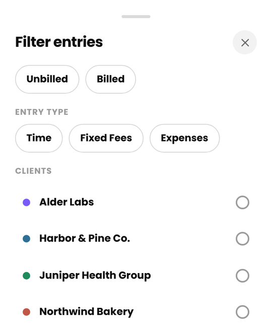 The Filter entries sheet