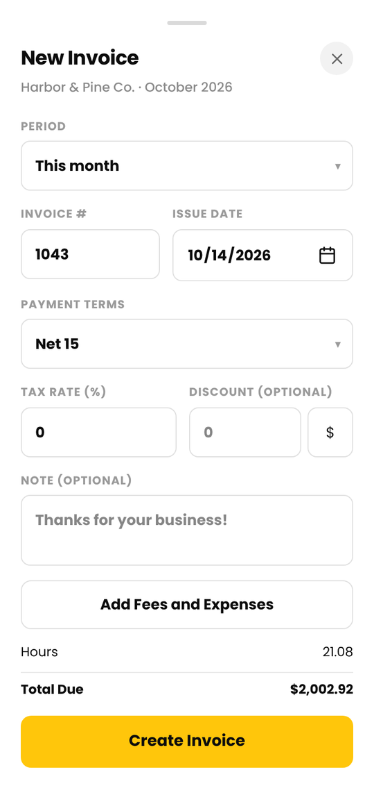 The New Invoice sheet in Cruxy with period, tax and total