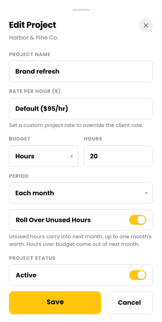 The Edit project sheet with a budget