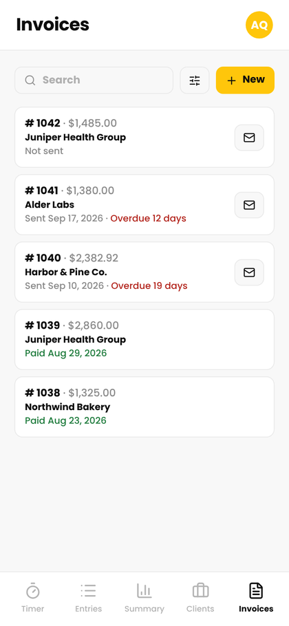 The Invoices tab with paid and overdue invoices