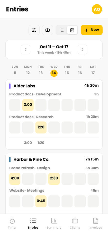 The weekly timesheet in Cruxy
