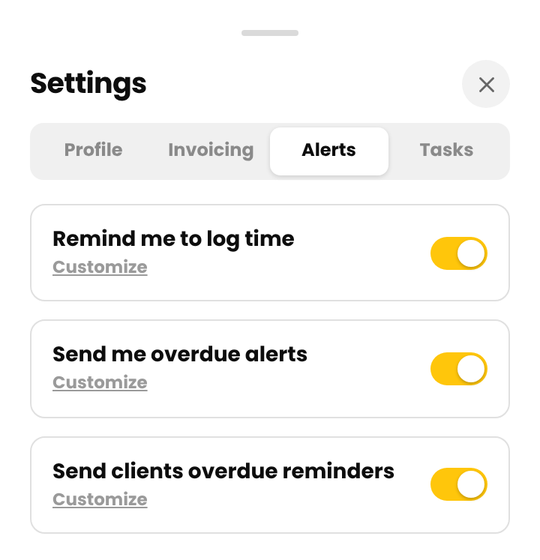 The Alerts tab in Settings with three switches