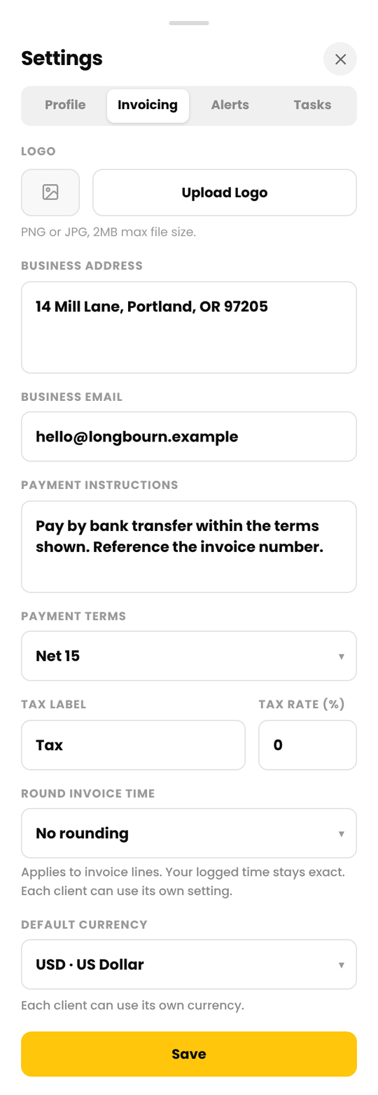 The Invoicing tab in Cruxy Settings with business address, payment instructions, terms and tax