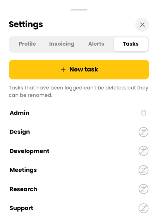 The Tasks tab in Cruxy Settings with the starter tasks